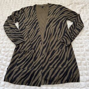 Talbots Small Green & Black Zebra Print Open Front Cardigan Linen Lightweight